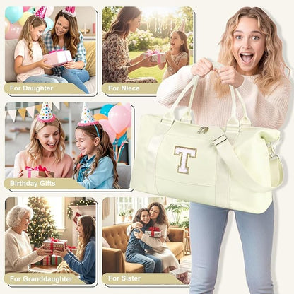 Dance Gym Duffel Bag for Teen Girls, Personalized Initial Travel Weekender Bag,Cute Overnight Carry On Duffle for Women,Sports Travel Cheer Bag,Monogram Christmas Gifts for Tween Preppy(beige-T)