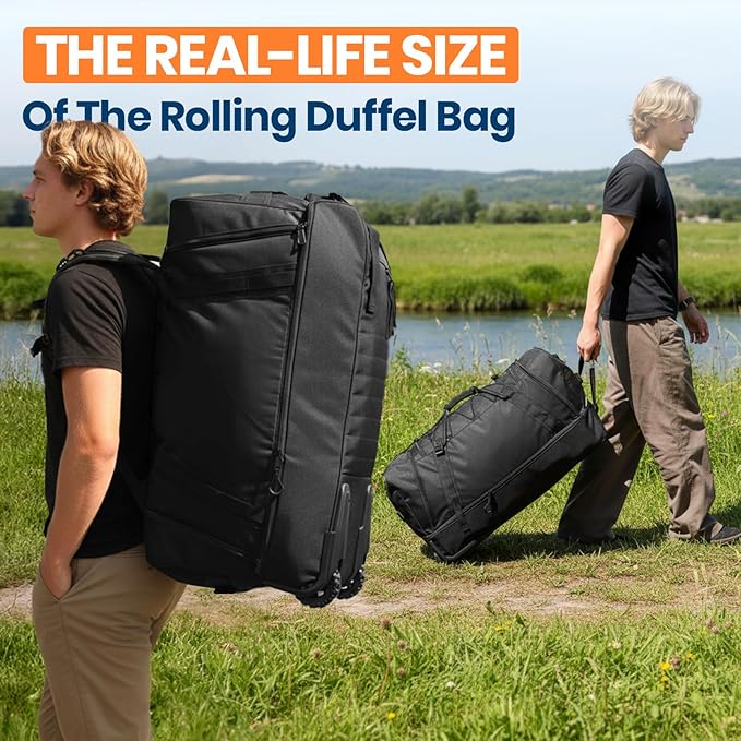 Fanwoli 85L 100L Large Rolling Duffle Bag with Shoes Compartment, 30’’ Expandable & Foldable Heavy Duty Water Resistant Travel Backpack, Convertible Foldable Duffel for Gym Camping Weekender