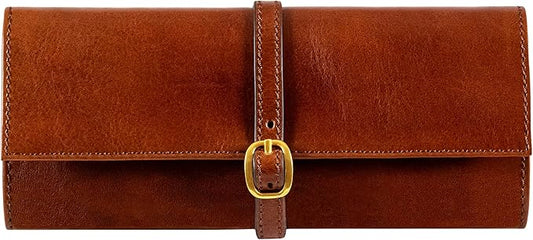 Time Resistance Leather Jewelry Roll - Full Grain Leather Travel Jewelry Case - Jewellery Organizer Made in Italy (Cognac Brown)
