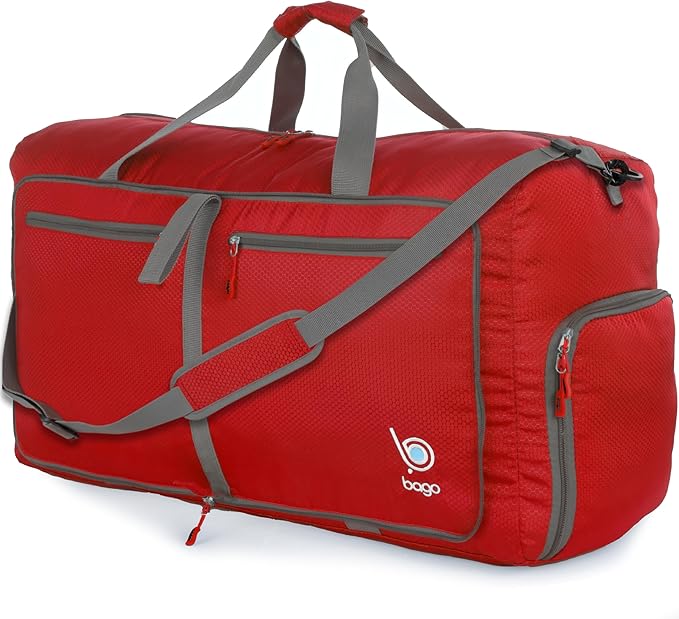 Bago Large Foldable Duffel Bags for Traveling Women & Men - 80L Packable Duffle Bag for Travel with Shoe Compartment - Water Repellant, Heavy Duty, Lightweight Folding & Collapsible (Red)