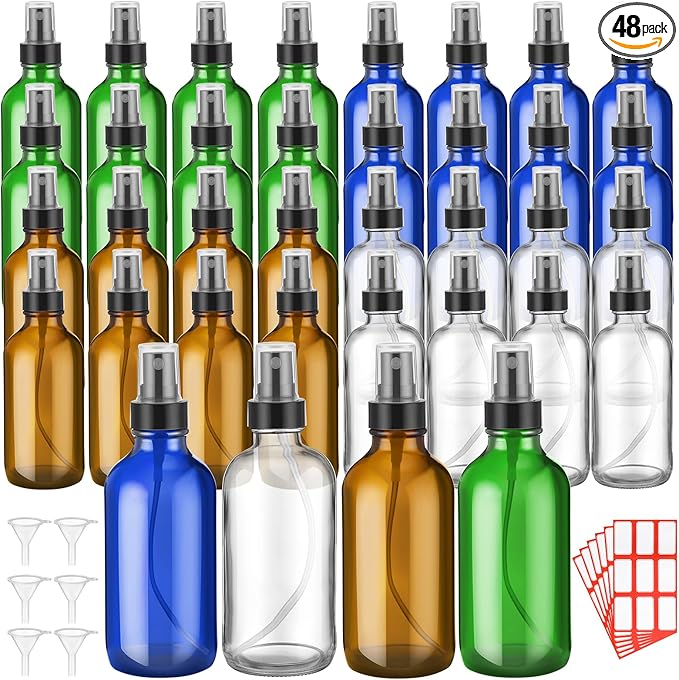 Fumete 36 Pcs Glass Spray Bottles 4oz Fine Mist Glass Spray Bottle Refillable Liquid Containers with 6 Labels 6 Funnel for Hair Travel Plants Cleaning Solutions Skin Care(Multicolor,Classic)