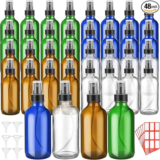 Fumete 36 Pcs Glass Spray Bottles 4oz Fine Mist Glass Spray Bottle Refillable Liquid Containers with 6 Labels 6 Funnel for Hair Travel Plants Cleaning Solutions Skin Care(Multicolor,Classic)