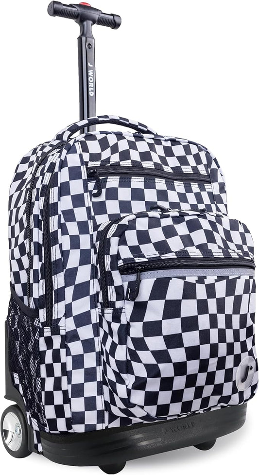 J World Sundance Laptop Rolling Backpack for Girls Boys. Roller Bookbag with Wheels, Wavy Checkers
