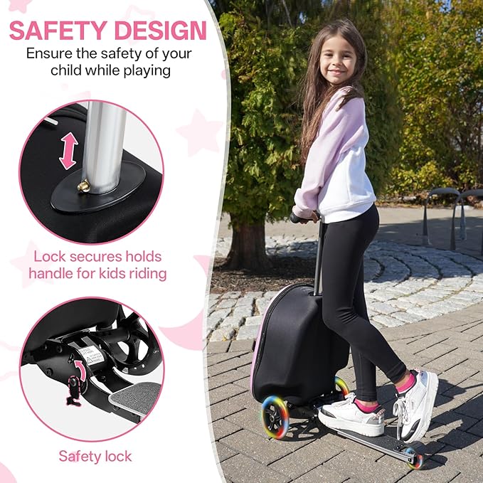 2-in-1 Kids Scooter Suitcase, 19in Large Capacity Ride-On Luggage with LED Light Wheels, Lightweight Carry-On for Fun and Travel, Durable and Cute Patterns Design for Children(pink)