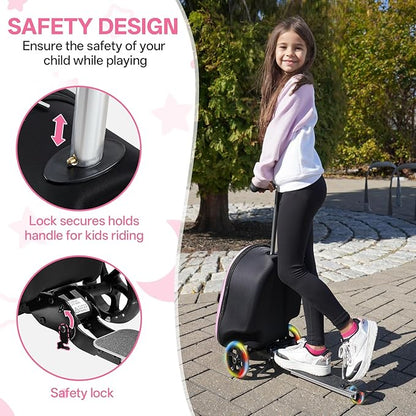 2-in-1 Kids Scooter Suitcase, 19in Large Capacity Ride-On Luggage with LED Light Wheels, Lightweight Carry-On for Fun and Travel, Durable and Cute Patterns Design for Children(pink)
