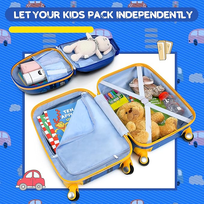 KOTEK Kids Carry On Luggage Set, 18" Hardside Rolling Suitcase with Spinner Wheels, Travel Rolling Luggage for Boys Girls (Car)…