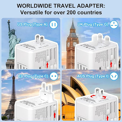 Universal International Plug Travel Adapter, 6 in 1 Wall Charger with 3 Type-C 5.8A 29W PD Fast Charging & 2 USB-A 5.8A & Multi AC Outlet Adaptor for USA EU UK AUS 200+ Countries