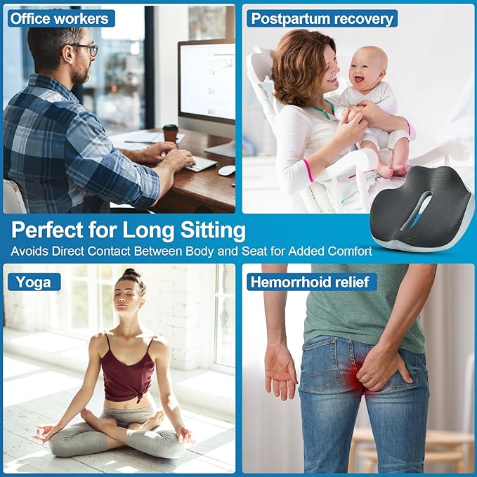 PilloVive Memory Foam Seat Cushion for Office Chairs & Car Seat - Ergonomic Office Desk Seat Cushion- Doctor Recommended for Tailbone & Sciatica Pain Relief & Back Support(Grey/White)