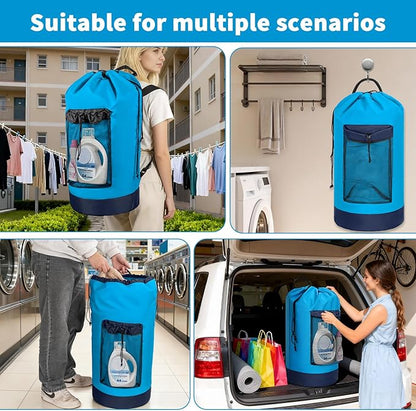 Laundry Bag Backpack with 3 Sizes Mesh Wash Bags and Shoulder Straps Foldable Clothes Hamper Bag with Drawstring Closure for College, Apartment, Laundromat (Blue)