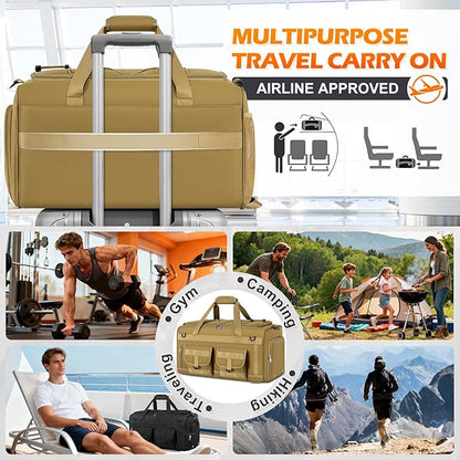 RAINSMORE Gym Bag for Men, 45L Sports Duffel Bag with Shoe Compartment Gym Backpack Carry On Weekender Bag Overnight Backpack Carry On,Khaki