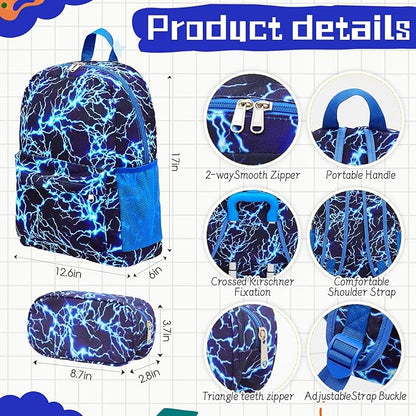 Redbaker 6 Pcs Kids Luggage Set 17 Inch Kids Rolling Luggage Double Pattern Suitcase for Girls Boys School Gift (Blue,17 Inch,Lightning Style)