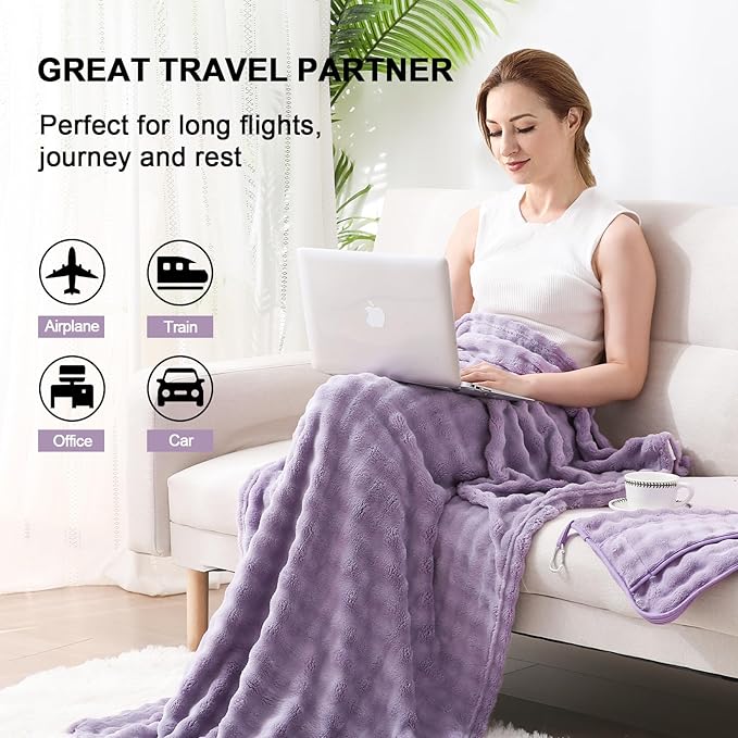 SOCHOW Travel Blanket for Airplane Train and Car, Soft Travel Blanket or Pillow 2 in 1 Compact with Portable Bag Pillowcase, Flight Blanket with Luggage Sleeve and Backpack Clip, Dusty Purple