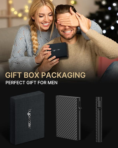 typecase Mens Wallet Card Holder: Pop Up Aluminum Case, Carbon Fiber Leather, Smart, RFID Blocking, Slim, Minimalist, Front Pocket - 9-14 Card Capacity | ID Window | Cash Slot (Orange)