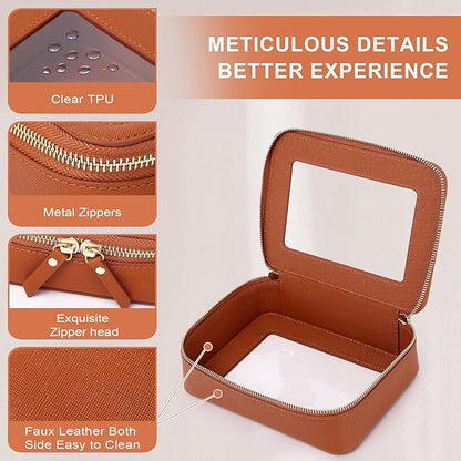 Pinkmik Clear Makeup Bag for Women Waterproof Travel Cosmetics and Toiletries Case Portable Makeup Oaganizer Bag Clear Car Bag with Zipper (X/Brown, M)