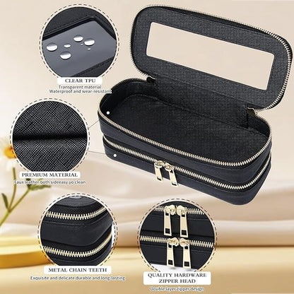 Pinkmik Double Layer Makeup Bag Makeup Brush Case Waterproof Travel Cosmetic & Toiletry Bag Purse Organizer and Car Essentials for Women (Black, Double SLIM)