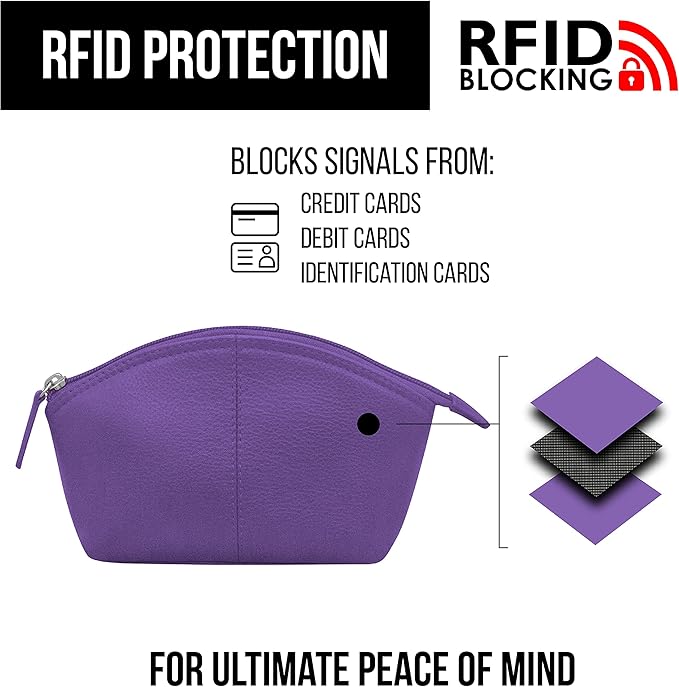 ili New York Genuine Leather Cosmetic Pouch - RFID Blocking Leather Travel Organizer Bag with Top Zip Closure and Interior Zip Pocket, Compact Lightweight Make Up Bags, Purple