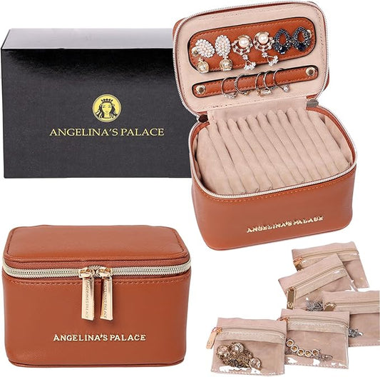 Angelina's Palace Jewelry Organizer Case Bridesmaid Gifts Travel Bag Vegan Leather Box for Necklace Earring Bracelet Ring(bran)