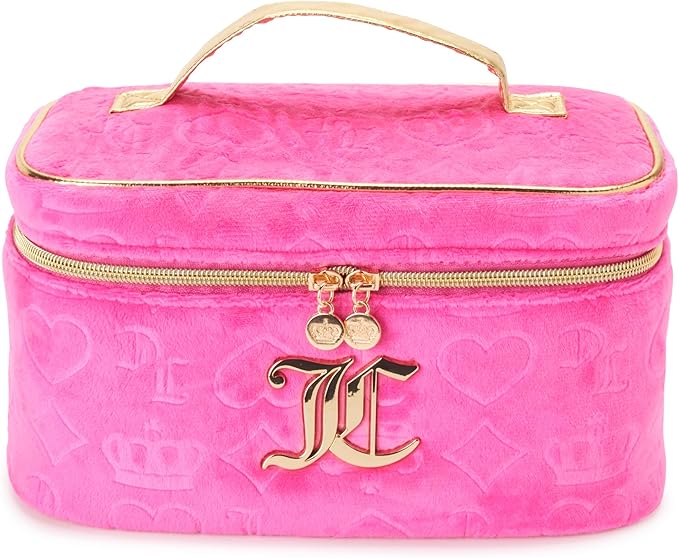 Juicy Couture Hot Pink Makeup Bag Cosmetics Organizer Travel Essentials Train Case Velour Heart Crown