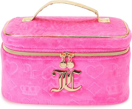 Juicy Couture Hot Pink Makeup Bag Cosmetics Organizer Travel Essentials Train Case Velour Heart Crown