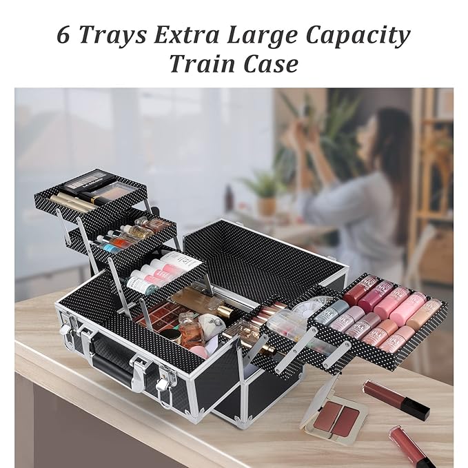 FRENESSA Makeup Train Case Makeup Case 11.8 Inch Large Cosmetic Box Organizer Travel Storage Professional Make Up Train Carrying Case with 6 Trays Locking Hard Vanity Storage Black