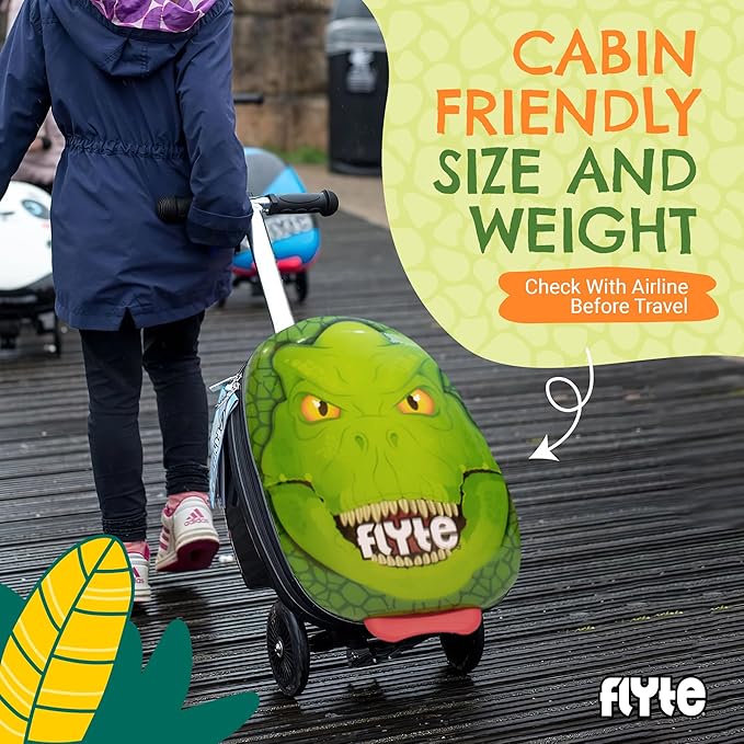 Flyte Darwin The Dino Scooter Suitcase - Rideable, Carry on Compliant 2-in-1 Children's Suitcases, 18 inch Ride on Suitcase for Kids, 25 Litre Capacity Kids' Luggage on Wheels for Children Aged 4+
