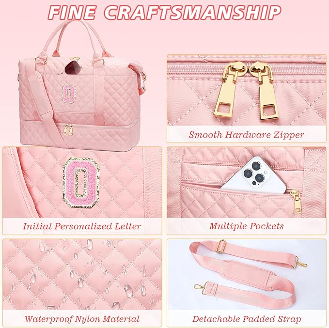 Gifts for Friend Women Girls Birthday Christmas Initial Travel Duffle Bag Quilted Weekender Bags Carry-On Overnight with Cosmetic Bag, Gym Bag with Shoe Compartment, Pink-O