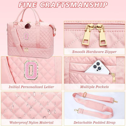 Gifts for Friend Women Girls Birthday Christmas Initial Travel Duffle Bag Quilted Weekender Bags Carry-On Overnight with Cosmetic Bag, Gym Bag with Shoe Compartment, Pink-O