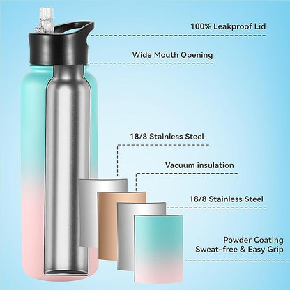 VEGOND 40 oz Insulated Water Bottle Stainless Steel Metal Water Bottles with Leak Proof Straw Lid & Spout Lid, Wide Mouth Double Walled Vacuum Travel Sports Bottle Cup, Green Pink