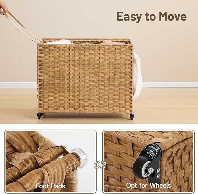 Laundry Hamper with Wheels, 52.8 Gallon(200L) Rolling Laundry Basket with Lid, Removable Large 3 Color Liners & 3 Mesh Laundry Bags, Clothes Hamper with Side Pocket, Natural