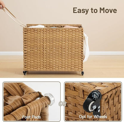 Laundry Hamper with Wheels, 52.8 Gallon(200L) Rolling Laundry Basket with Lid, Removable Large 3 Color Liners & 3 Mesh Laundry Bags, Clothes Hamper with Side Pocket, Natural