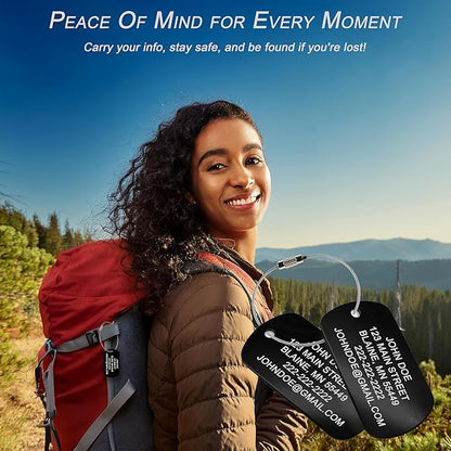 High Visibility Durable Anodized Aluminum Luggage Tags - 2 Pack, Customizable Travel ID Tag for Luggage, Golf Bags & More - Personalized Imprinted ID Tags (Black)