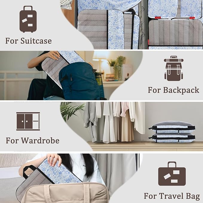 U+U 10 Set Compression Packing Cubes - Ultralight Travel Organizers with Laundry Bag and Cosmetic Bag, Space-Saving Suitcase Organizer for Travel, Business Trip and Family Vacation (Blue Flower)