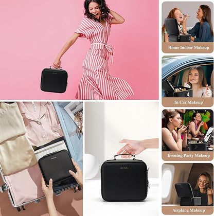 SJD Travel Makeup Bag with LED Mirror, Portable Cosmetic Case Organizer with Lighted Mirror, Waterproof Makeup Case for Cosmetic Brush Holder Storage, Black Toiletry Bag for Women Gift