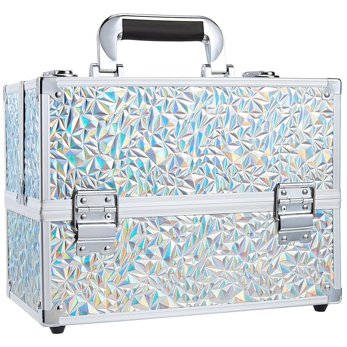 FRENESSA Makeup Case Cosmetic Train Case Organizer 11.8 Inch Large Makeup Box Travel Storage Make Up Train Carrying Case with 6 Trays Locking Hard Vanity Storage Glitter Silver