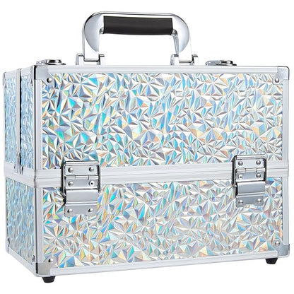 FRENESSA Makeup Case Cosmetic Train Case Organizer 11.8 Inch Large Makeup Box Travel Storage Make Up Train Carrying Case with 6 Trays Locking Hard Vanity Storage Glitter Silver