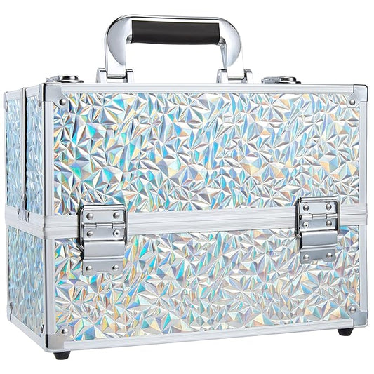 FRENESSA Makeup Case Cosmetic Train Case Organizer 11.8 Inch Large Makeup Box Travel Storage Make Up Train Carrying Case with 6 Trays Locking Hard Vanity Storage Glitter Silver