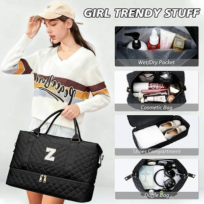 Gifts for Women Birthday Christmas Initial Travel Duffle Bag Quilted Weekender Bags Carry-On Overnight with Cosmetic Bag, Gym Bag with Shoe Compartment Hospital Bag for Women Labor Delivery, Black Z