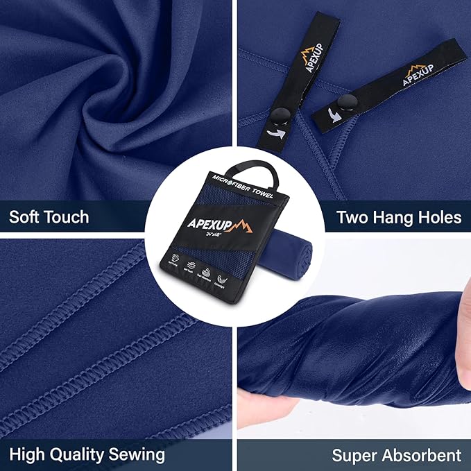APEXUP Microfiber Travel Towel, Ultra Absorbent Quick Dry Towels, Lightweight Gym Sports Camping Towel for Workout, Yoga, Beach, Shower, Swimming (Combo, Navy Blue)
