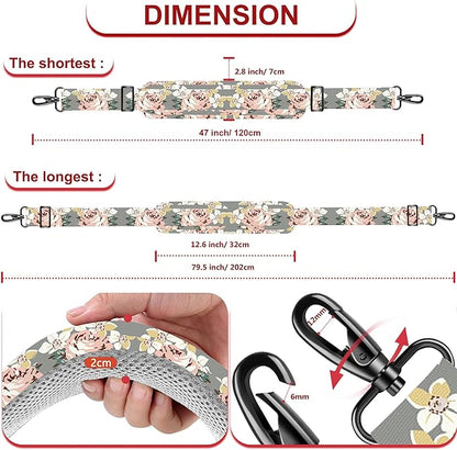 ZINZ 79.5" Universal Strap with Ultra-Thick Fixed Breathable Pad - Adjustable Heavy-Duty Shoulder Strap for Laptop, Crossbody, Luggage, Gym, Camera Bag and More,Gray Flower