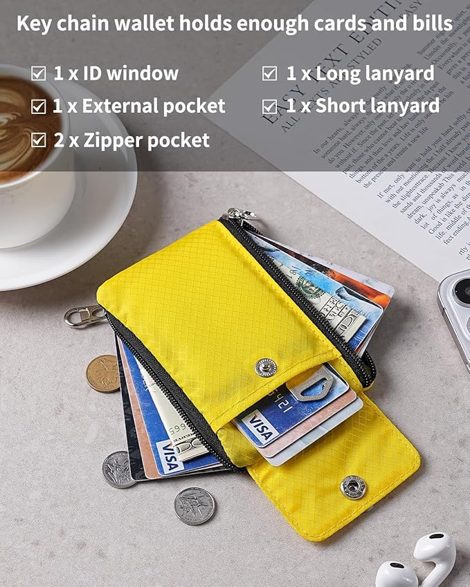 Minimalist Wallet For Mens Womens, Keychain RFID Blocking Zipper Small Wallet with ID Window 2 Lanyards,Water Resistant Travel Cash Card Coin Case Boys Girls