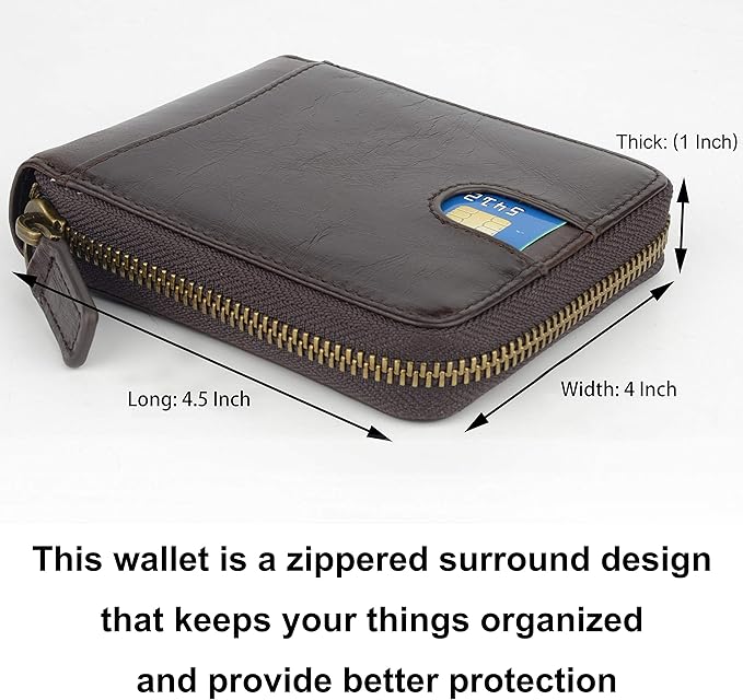 Genuine Leather Zipper Wallet With Coin Pocket, RFID Blocking Zip Around Front Pocket Bifold Wallet, Gift for Men
