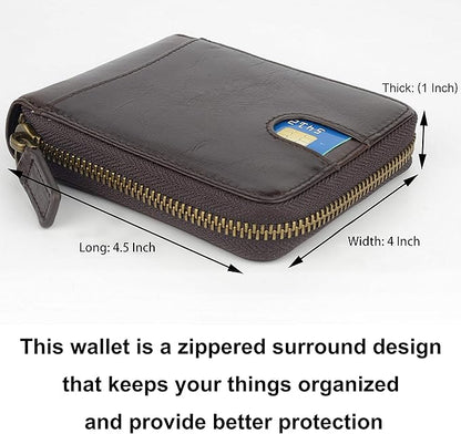 Genuine Leather Zipper Wallet With Coin Pocket, RFID Blocking Zip Around Front Pocket Bifold Wallet, Gift for Men
