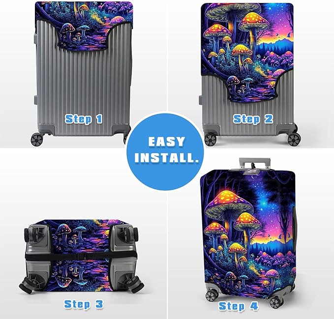 Luggage Cover Protector for 26-28 Inch Suitcases, TSA Approved Elastic Travel Suitcase Covers, Anti-Scratch Washable Luggage Sleeve for Carry On & Checked Bags, Mushroom Forest