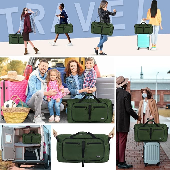 Fmeida 65L Duffle Bag with Shoes Compartment, Foldable Travel Duffel Bags for Men Women, Large Packable Travel Bag Water Repellent & Tear Resistant (Green)