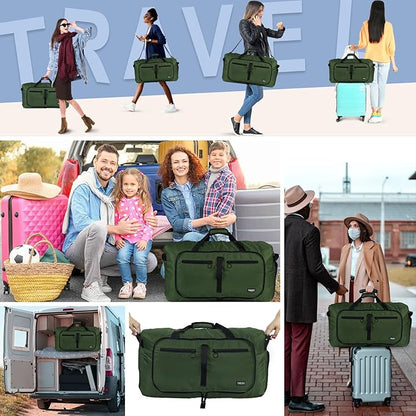 Fmeida 65L Duffle Bag with Shoes Compartment, Foldable Travel Duffel Bags for Men Women, Large Packable Travel Bag Water Repellent & Tear Resistant (Green)