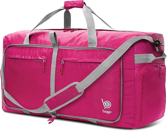 Bago Large Foldable Duffel Bags for Traveling Women & Men - 120L Packable Duffle Bag for Travel with Shoe Compartment - Water Repellant, Heavy Duty, Lightweight Folding & Collapsible (Pink)