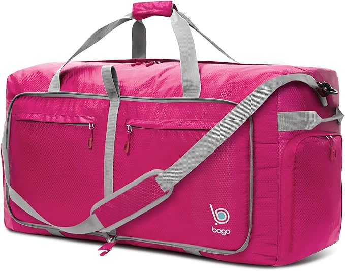 Bago Large Foldable Duffel Bags for Traveling Women & Men - 100L Packable Duffle Bag for Travel with Shoe Compartment - Water Repellant, Heavy Duty, Lightweight Folding & Collapsible (Pink)