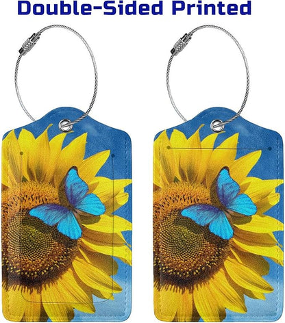 Set of 2 Pretty Sunflower Luggage Tags with Blue Butterfly Pattern, Yellow Flower Leather Suitcase Tag Privacy Name ID Card Travel Bag Labels with Stainless Steel Loop Birthday Gifts for Women Girls