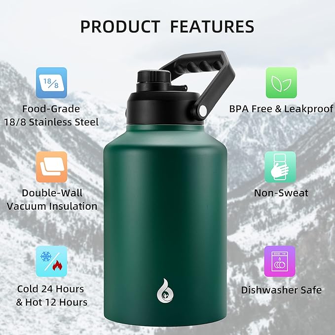 BJPKPK One Gallon(128 oz) Insulated Water Bottle, Dishwasher Safe Stainless Steel Jug, BPA Free Jug with Ergonomic Handle & Anti-slip Bottom, Large Water Bottle, Army Green