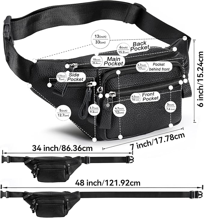 Leather Waist Bag Multiple Pockets Fanny Pack for Women Men Daily Life and Travel Outdoor